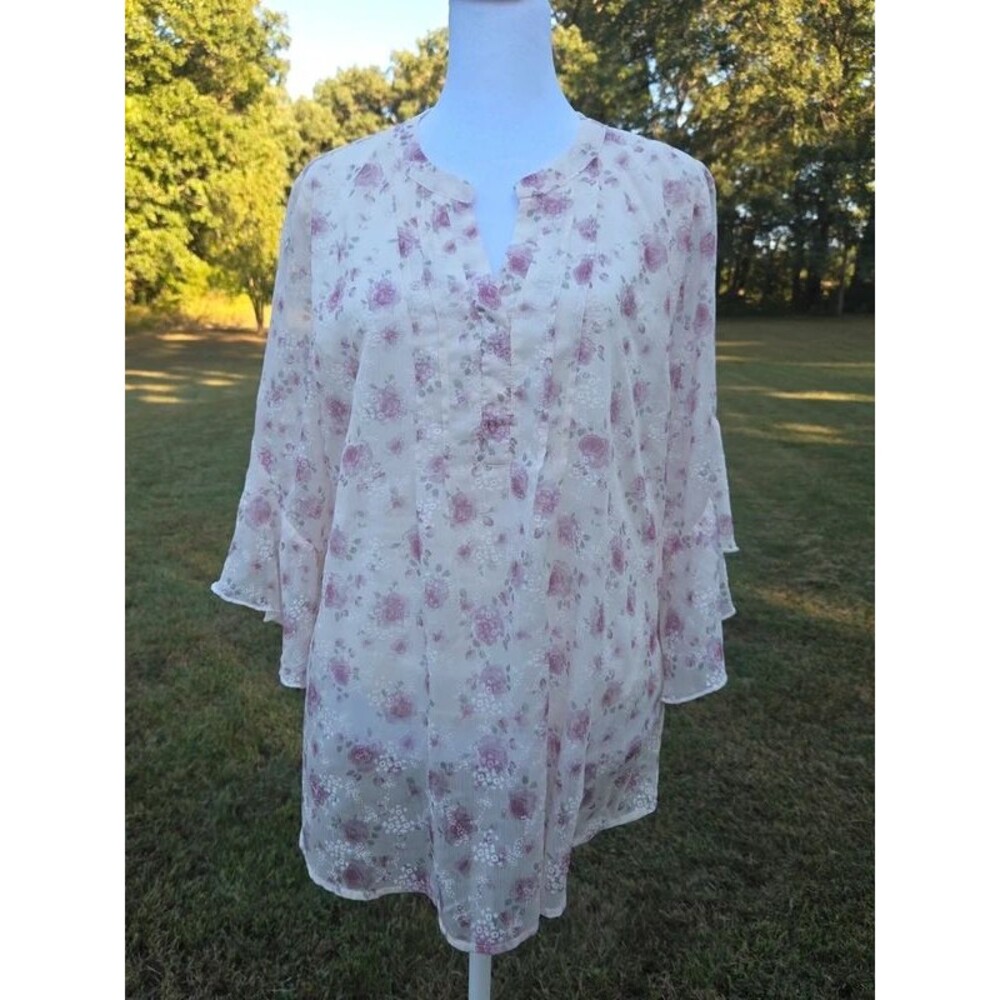 Timeson Floral V-Neck Blouse with Layered Bell Sleeves Size Large